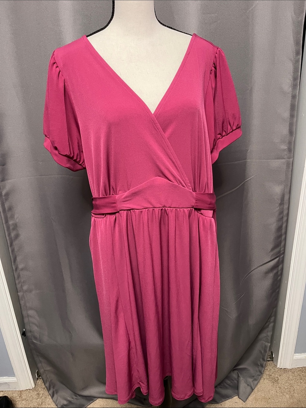 torrid Fuchsia Wrap-Front Midi Dress with Puff Sleeves